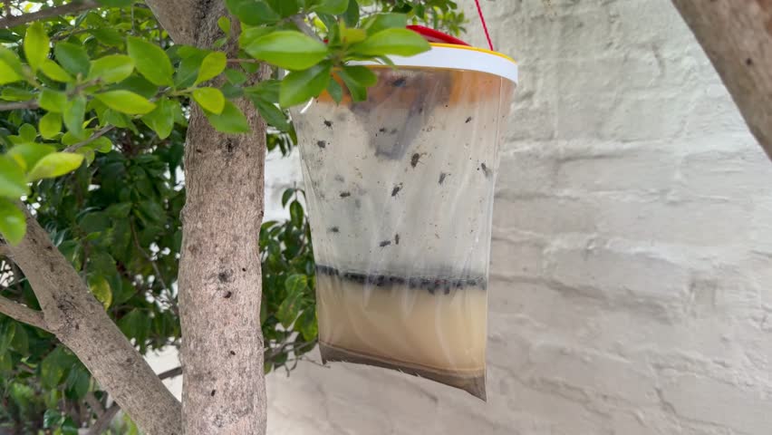 A fly trap hanging on a tree housing many trapped flies.