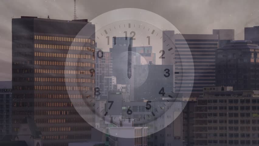 Clock appearing, hands rotating clockwise, urban skyline warming then cooling, showing time passing. Chronometer, cityscape, overlay, analog, glow, flare, twilight