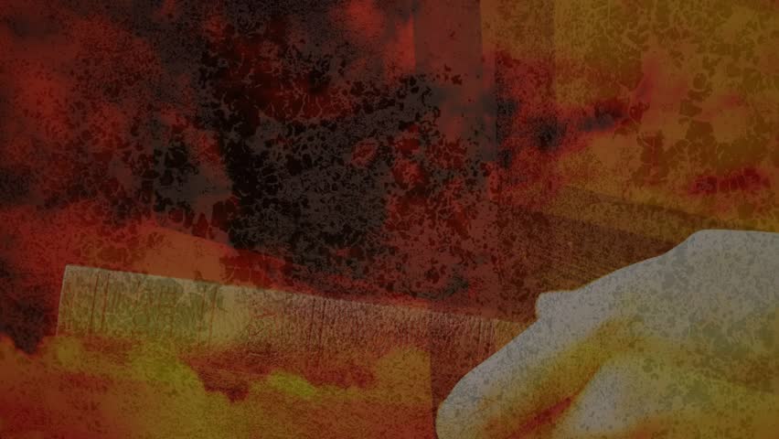 Resting right hand making small shifts on wooden plank, reacting to red soot overlay, testing grip. Palm, board, grain, texture, smoke, grunge, closeup