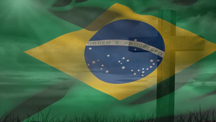Wind gusting, Brazilian flag rippling and folding, bending banner hiding monument, clouds drifting. Ensign, emblem, mast, silhouette, obelisk, outdoors, grassy