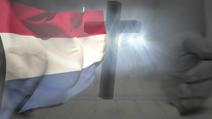 Gust initiating tricolour flag waving in foggy space, revealing pulsing cross light for film. Banner, crucifix, backlight, flare, mist, relief, sculpture