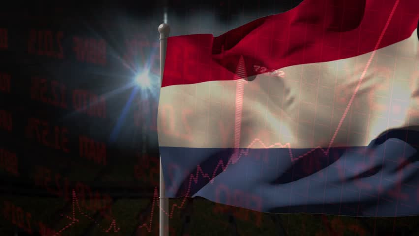 Tricolor flag catching breeze, rippling into waves, billowing then calming as red charts animate. Banner, ensign, pole, finial, motion, animation, graphics