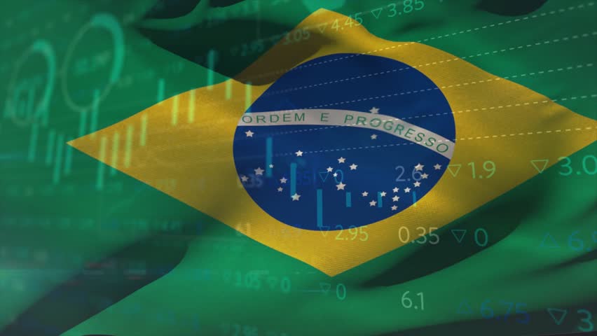 Animation starting, Brazil flag rippling, tilting and calming while charts sliding, showing markets. Emblem, business, digital, finance, display, candlestick, dataviz
