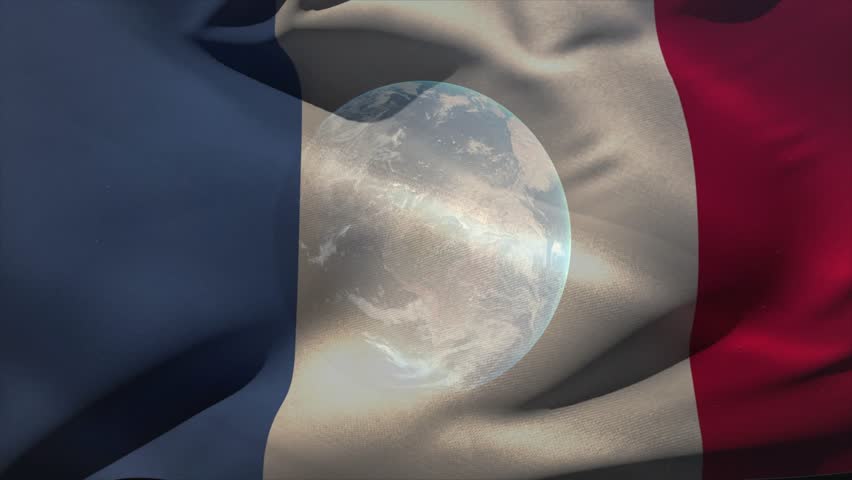 French tricolor flag rippling translucent planetary disc hiding in folds market tickers scrolling. Bluewhitered, ensign, orb, overlay, stocks, data, infographic