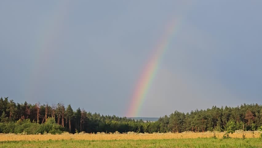Rainbow over summer forest and meadow. Beautiful dramatic sky 