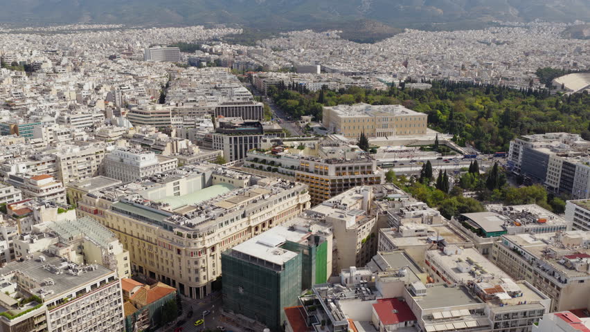Syntagma square and Hellenic Parliament in Athens Greece capital city landmarks, aerial drone