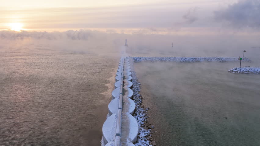Aerial view approaching the Port Washington Breakwater Light, foggy winter morning