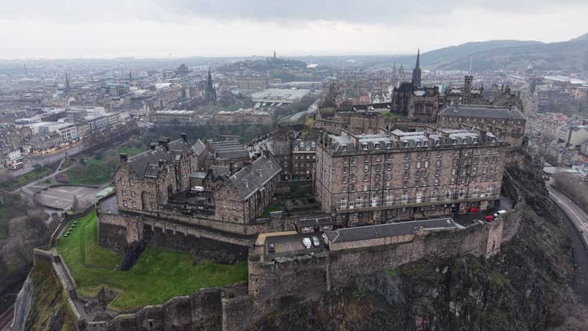 Drone shot of Edinburgh Castle in Edinburgh, Scotland, United Kingdom