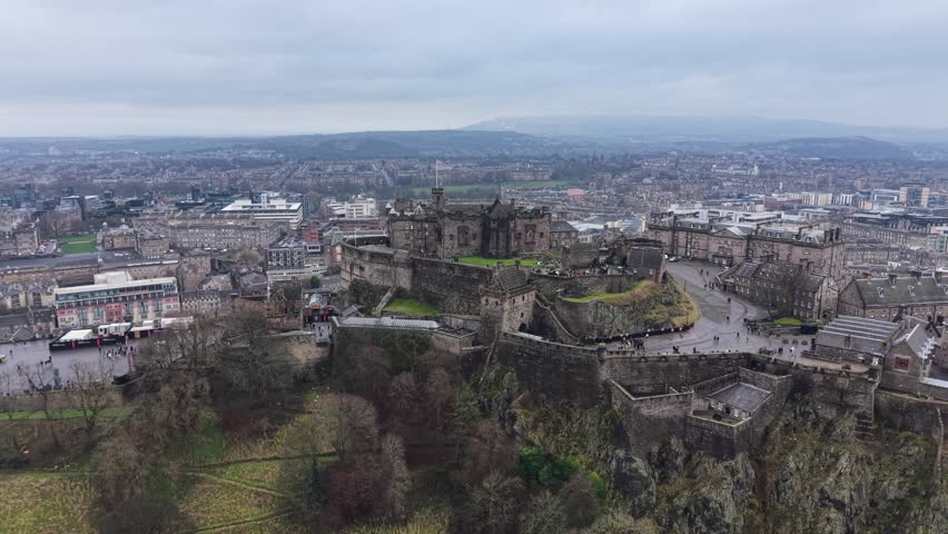 Drone shot of Edinburgh Castle in Edinburgh, Scotland, United Kingdom