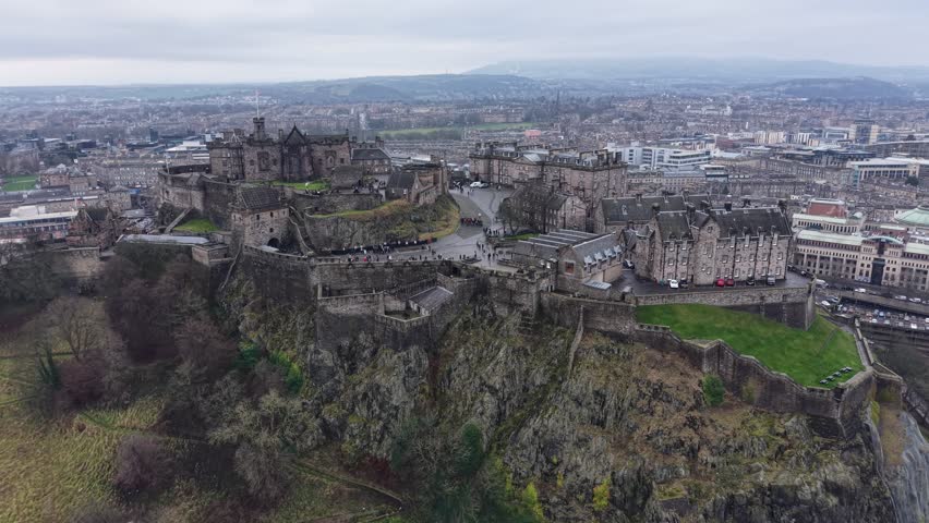 Drone shot of Edinburgh Castle in Edinburgh, Scotland, United Kingdom