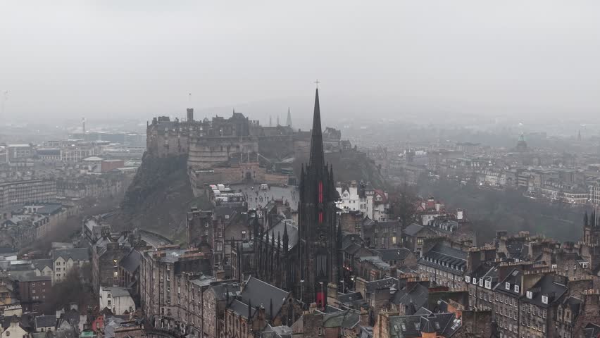 Aerial View Drone shot of Royal Mile, Edinburgh Castle, Old Town, Scott Monument, Edinburgh,  Scotland, United Kingdom