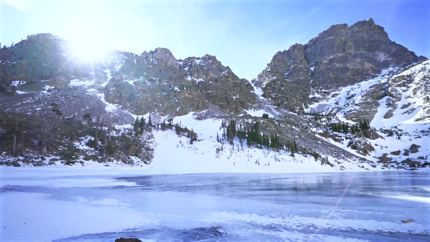 Frozen ice icy snow blown winter wonderland Emerald Lake Dream Lake Rocky Mountain National Park RMNP Colorado aerial drone sunny Hallett Peak blue sky cold breeze windy high alpine Bear Lake trail