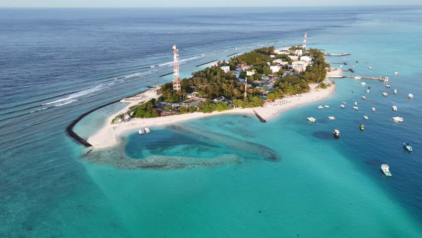 Aerial View of Fulidhoo Island and Reef Lagoon Maldives 4K