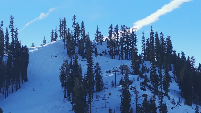 Group of skiers and snowboarders riding down snowy slope during snowfall at Palisades Tahoe, California USA. Dynamic winter sports scene with active movement and alpine mountain atmosphere.