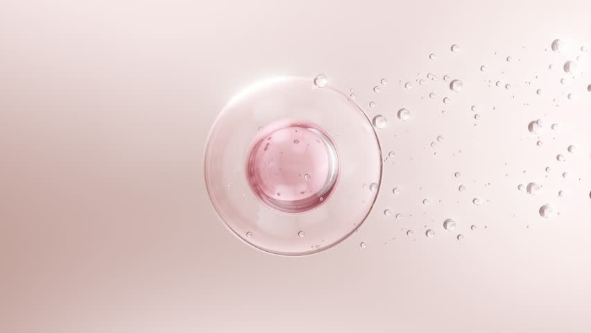 3D animation of pink serum bubbles penetrating deep into skin cells for collagen boosting.
