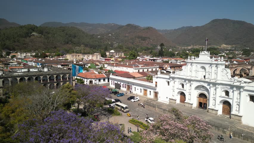 Aerial historic Catholic parish Catedral San Jose and Parque Central in Antigua Guatemala