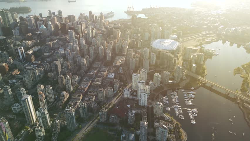 Aerial view of the skyscrapers in Downtown of Vancouver and Stanley Park, Canada