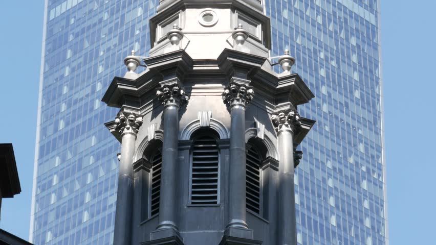New York City Manhattan Downtown Financial District, United States of America. World Trade Center skyscraper, FiDi tower building. Modern business center, St Pauls Chapel 1766 from Broadway. Religion.