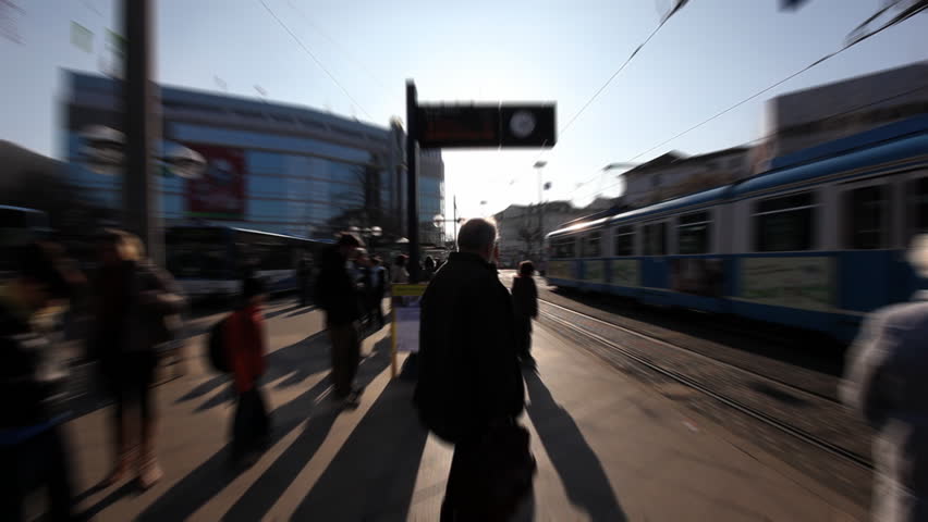 Timelapse of a morning rush at a TRAM station in Heidelberg, Germany / HD1080 /