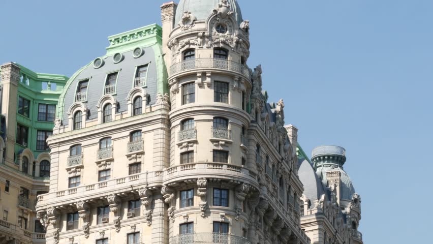 New York City Manhattan Broadway street Ansonia building 1904, United States of America. Hotel or condos in Upper West Side. Old historic condominiums architecture, green cooper patina on roof in USA.