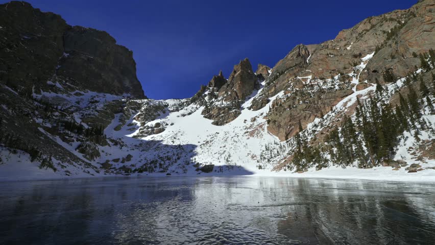 Emerald Lake Dream Lake Winter ice icy frozen iced over high alpine Bear Lake trail Rocky Mountain National Park RMNP Colorado aerial drone Hallett Peak sunny blue sky Flattop Mountains pan left