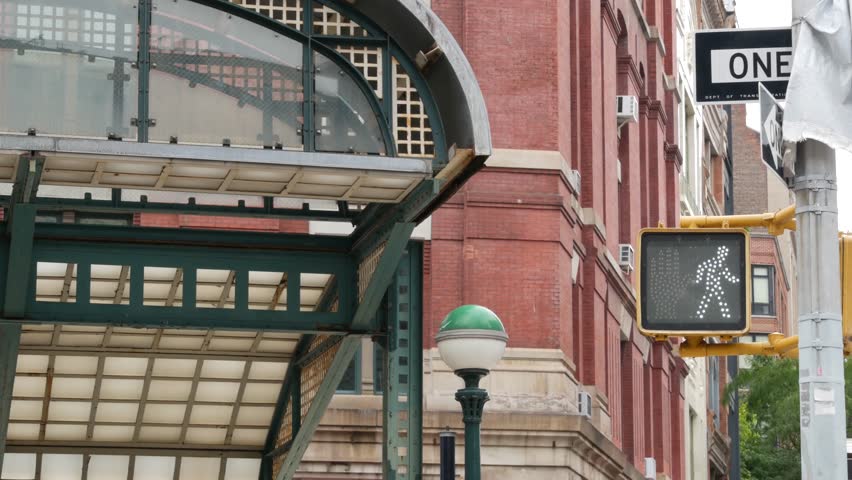 New York City old subway entrance, Franklin street and West Broadway, United States. American underground transport, Lower Manhattan Tribeca traffic. Metropolitan historic retro station, cast iron
