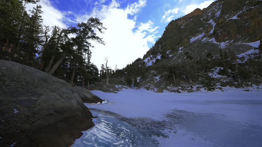 Emerald Lake Dream Lake Winter Rocky Mountain National Park RMNP Colorado unique ice formation high alpine Bear Lake trail aerial drone Hallett Peak sunny blue sky Flattop Mountains static shot