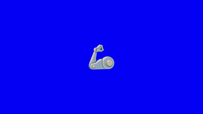 Smooth animation of a s robotic mechanical flexed bicep arm  on a solid bright blue background.