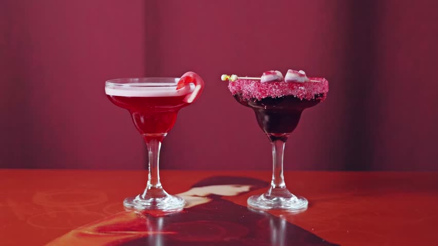 Slow motion of hand lifting spooky red cocktail with jelly candy garnish