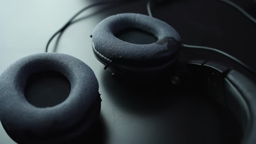Macro close-up of worn over-ear headphone ear pad with cable on dark desk, shallow depth of field and soft light—ideal for audio gear, repair, and music production b-roll.
