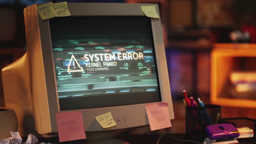 System error message on retro monitor, computer malfunction, files corrupted