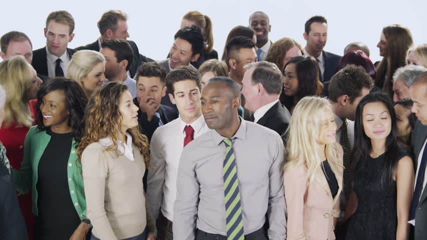 Portrait of a large group of happy and diverse business people who are standing together, isolated on white in a studio shot. They put their their arms around each other and smile. In slow motion. Royalty-Free Stock Footage #4010638