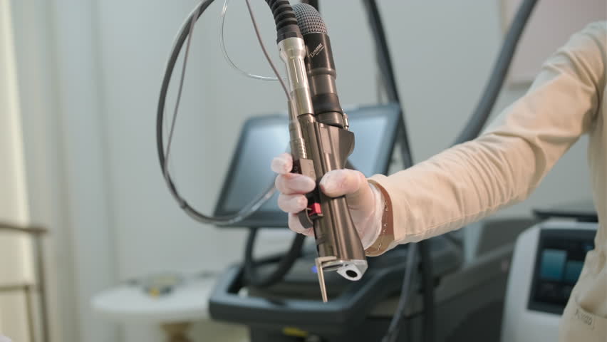 Professional doctor holding a laser hair removal handpiece in a beauty clinic