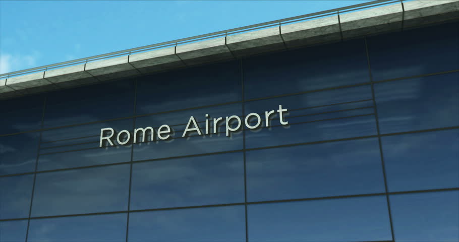 Rome airplane landing. Jet plane airliner travel to Italy and terminal airport arrival.