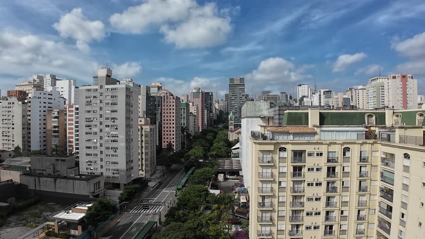 The skyline of the Jardins neighborhood in Sao Paulo, Brazil shot from a highrise rooftop
