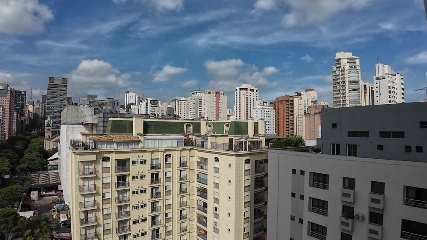 The skyline of the Jardins neighborhood in Sao Paulo, Brazil shot from a highrise rooftop