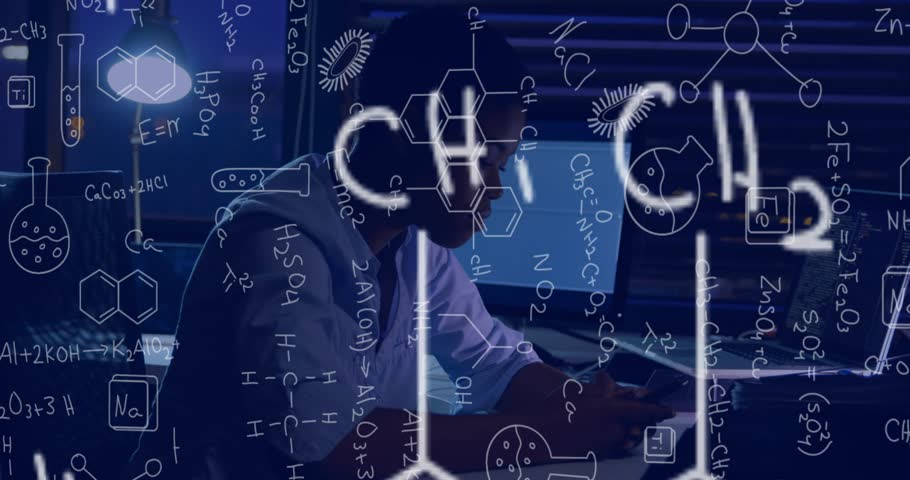 Chemist leaning at screen typing and analyzing data while monitor glow sparking drifting overlays. Lab, scientist, computer, analytics, visualization, graphics, molecule
