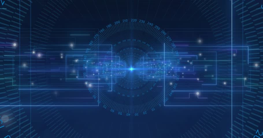 Glow from central blue core starting green blocks growing and digits cascading, showing data flow. Hud, cyberspace, neon, circuitry, binary, rings, grid