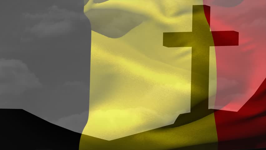 Vertical tricolour flag rippling from wind, revealing cross silhouette and smoothing folds. Banner, outdoor, hillside, cloudscape, motion, overlay, translucent