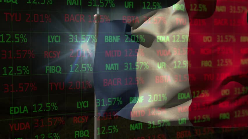 Wind gusts starting, tricolor flag billowing back and forth, market scrolling, showing volatility. Ensign, pole, overlay, ticker, dusk, flare, dynamic