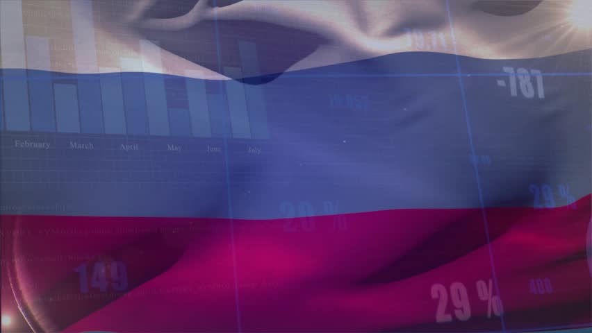 On loop start tricolour flag waving and rippling, revealing financial charts beneath for display. Banner, data, infographic, visualization, motion, studio, broadcast