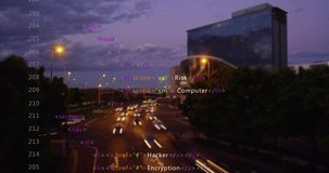 Left code overlay appearing, cascading over dusk road, cars leaving streaks, showing risk. Traffic, cityscape, night, urban, motionblur, longexposure, glassfacade - Powered by Shutterstock - Get 15% off with code: PIKWIZARD15