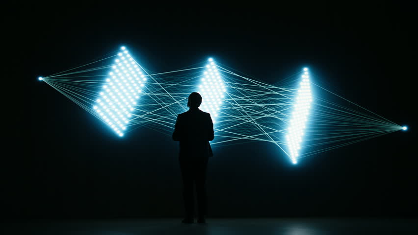 Programmer enhances AI neural network deep learning algorithms using tablet. Software developer optimizes artificial intelligence generative model for faster data processing, camera A