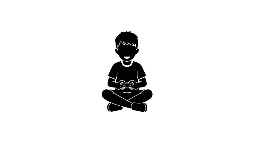 A black silhouette of a child sitting cross-legged and engrossed in playing a video game, holding a controller.