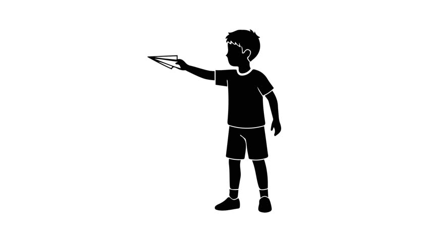 A black silhouette of a boy in shorts and a t-shirt, with his arm raised, throwing a paper airplane. Captures the essence of play and aspiration.