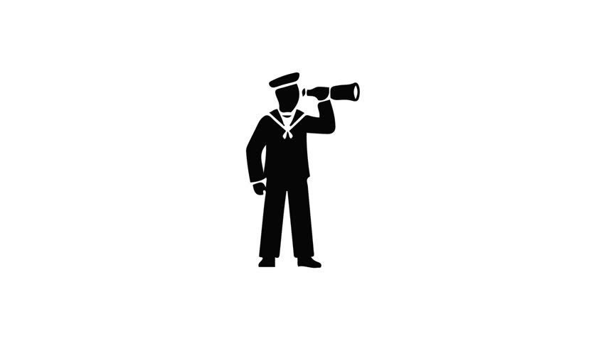 A black silhouette of a sailor in uniform holding a telescope to his eye, looking into the distance. Isolated on a white background.