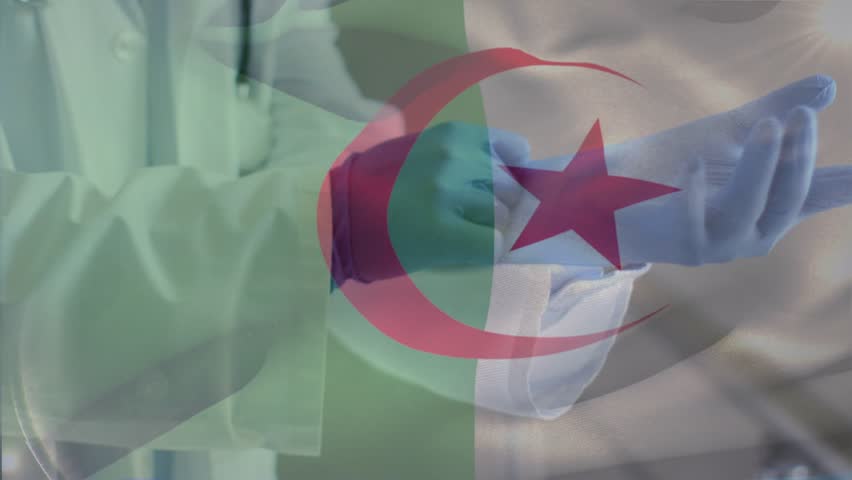 Doctor reaching donning and adjusting blue gloves while transparent flag overlaying, preparing exam. Physician, labcoat, stethoscope, nitrile, mitts, crescent, star