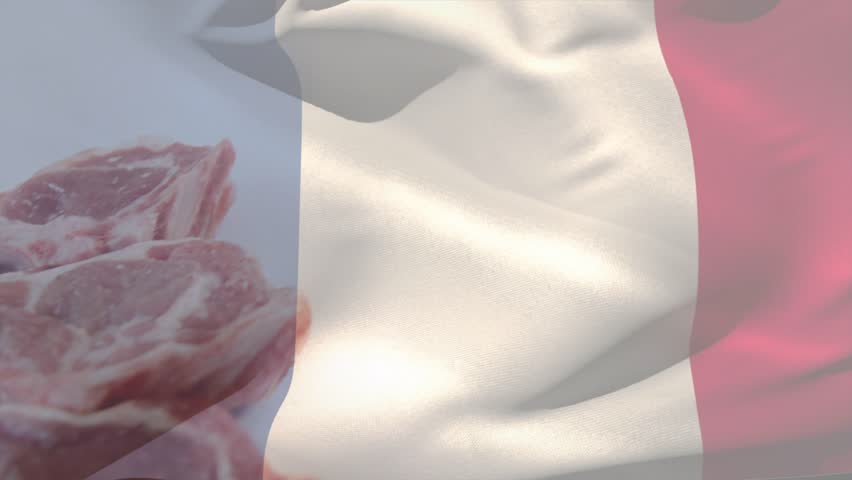 Tricolour overlay appearing, waving over rib chops, then revealing and obscuring meat for branding. Pork, cuts, raw, tabletop, stilllife, studio, flag