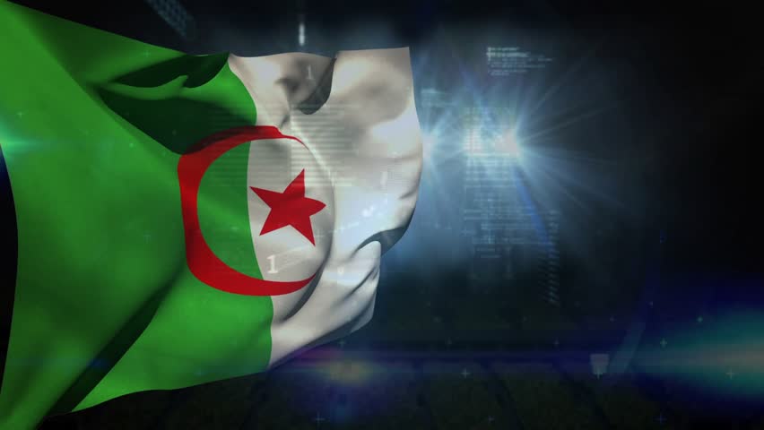 Digital wind causing Algerian flag waving while stock tickers scrolling showing market trends. Crescent, star, ensign, fabric, ripples, glow, blue