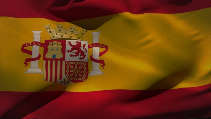 Overlay fading in starting Spain flag crest waving, tickers scrolling and changing, showing markets. Ensign, emblem, animation, graphics, finance, translucent, green